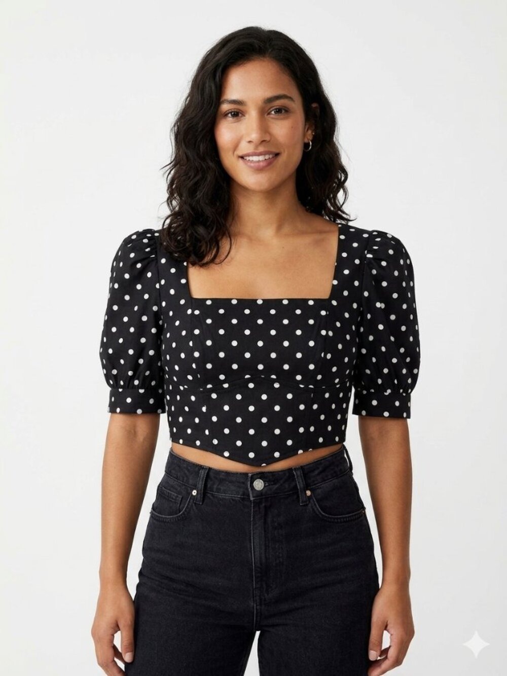 *Topshop Black White Polka Dot Crop Top Square Neck Puff Sleeve US 6 0548